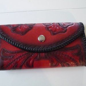 NEW GENUINE HAND -TOOLED, HAND CRAFTED ARTZY BOHEMIAN RED LEATHER WALLET NO TAG